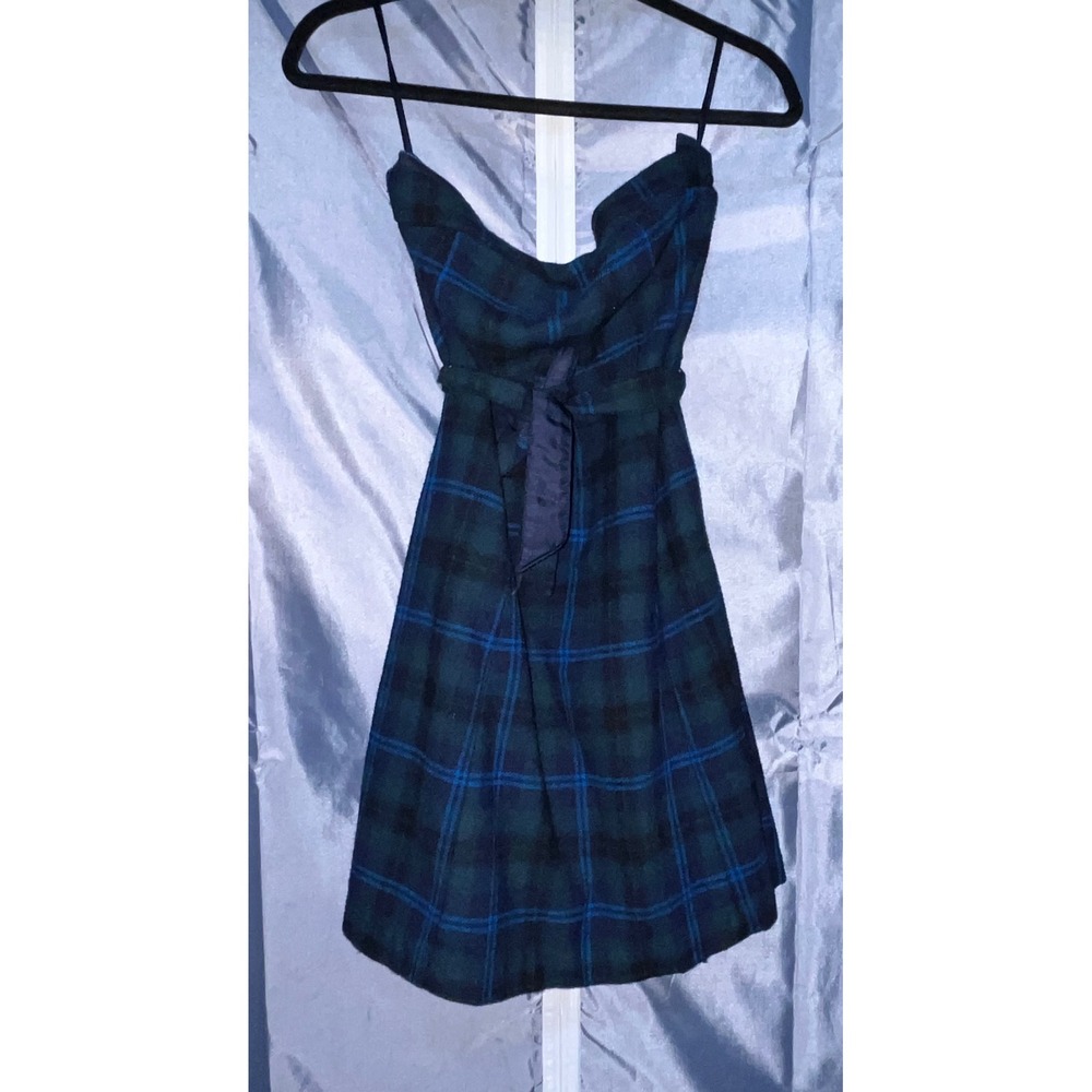 American Eagle Outfitters Plaid WoolBlend Strapless Belted Dress Green Blue Sz 8